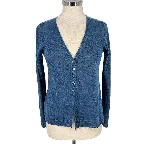 Margaret OLeary Blue Linen Button Front Cardigan Sweater Lightweight Size Small - Picture 1 of 11